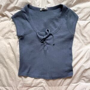 Outlaw Waffle knit lace up crop top Cap sleeve scoop neck thermal t shirt sz m